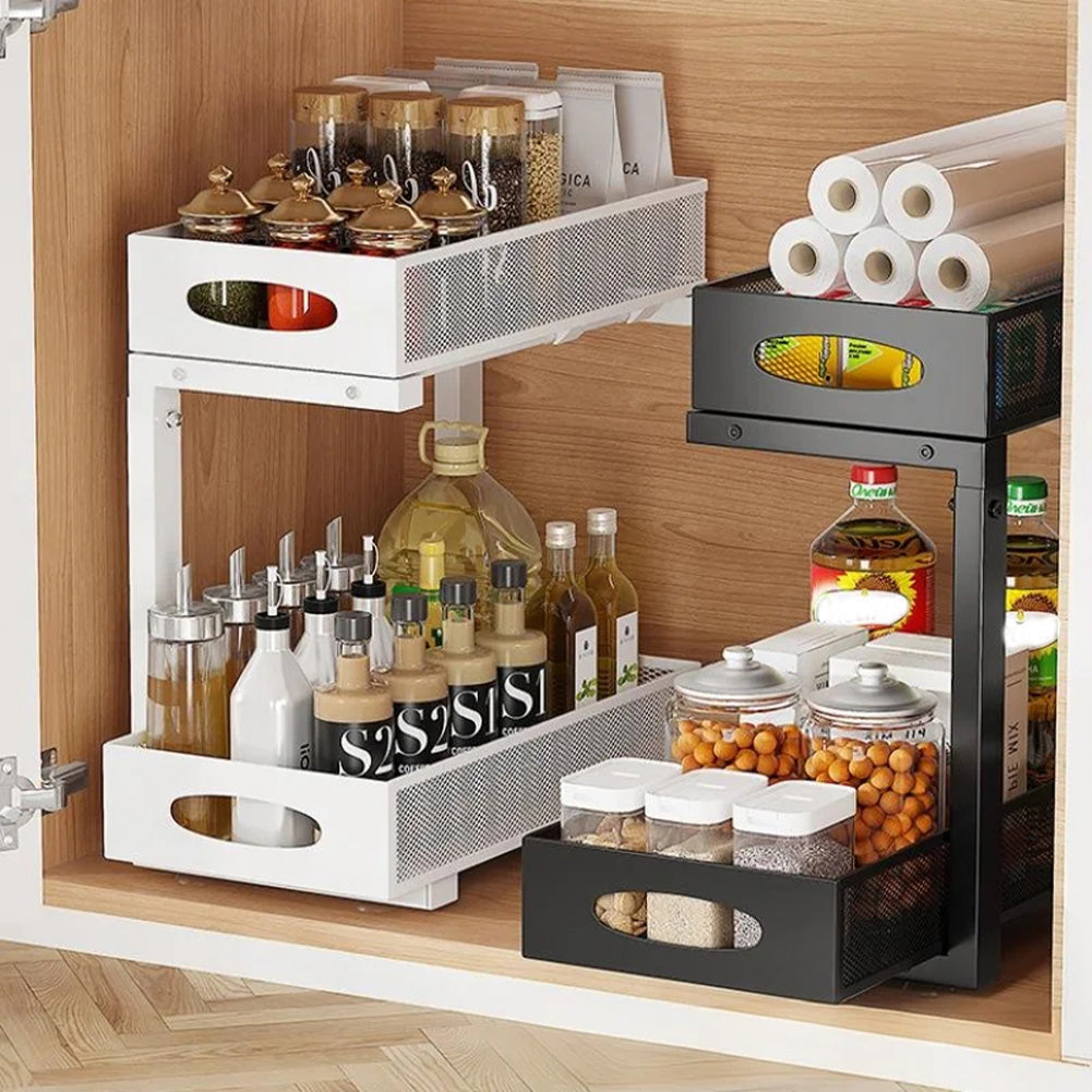 Organisateur sous évier Garvee à 2 niveaux avec tiroir coulissant pour placard de cuisine/salle de bain, réglable de 35,8 cm à 44 cm (14,1" à 17,3"), en métal