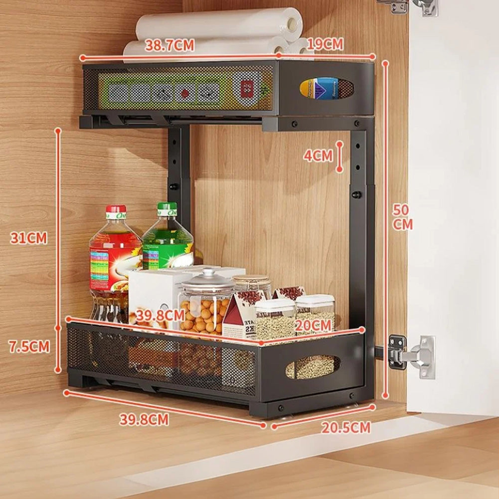 Organisateur sous évier Garvee à 2 niveaux avec tiroir coulissant pour placard de cuisine/salle de bain, réglable de 35,8 cm à 44 cm (14,1" à 17,3"), en métal