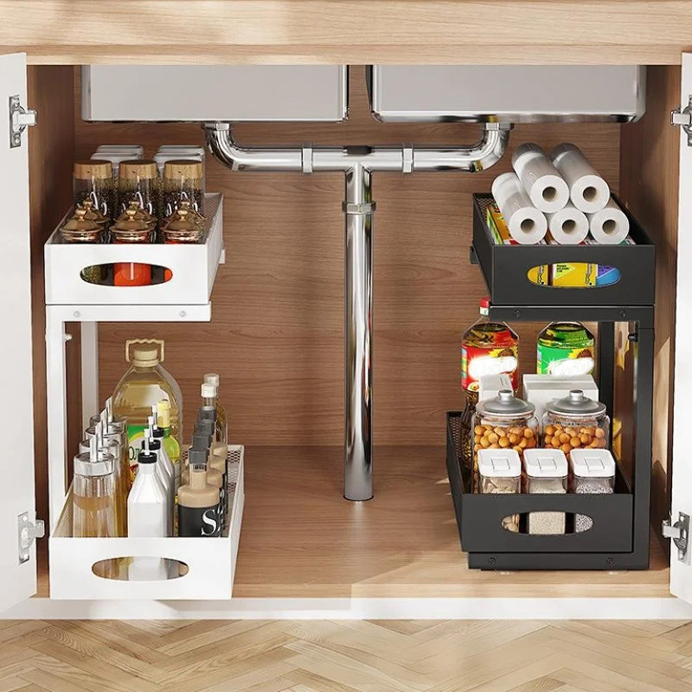 Organisateur sous évier Garvee à 2 niveaux avec tiroir coulissant pour placard de cuisine/salle de bain, réglable de 35,8 cm à 44 cm (14,1" à 17,3"), en métal
