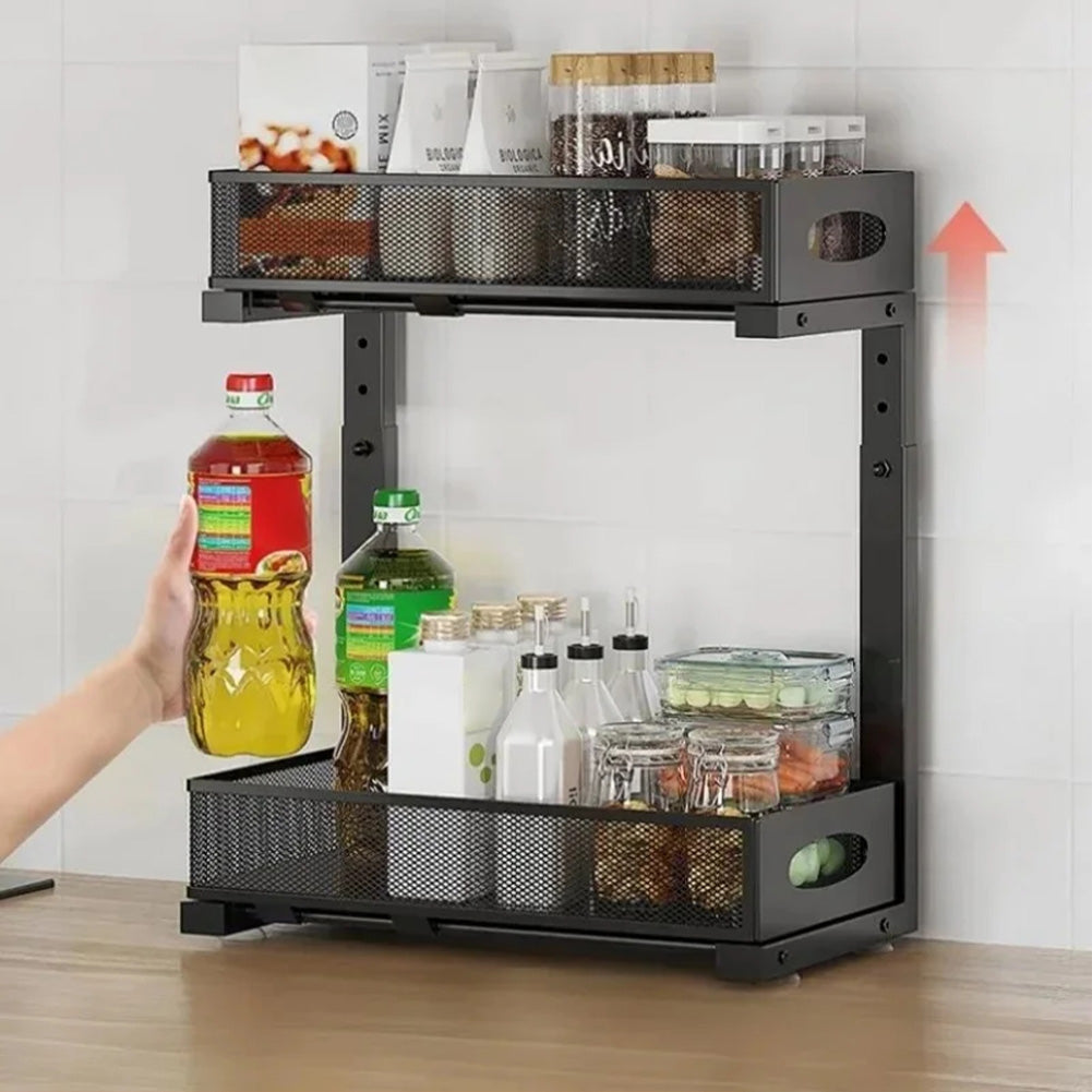 Organisateur sous évier Garvee, rangement de cuisine à 2 niveaux avec tiroir coulissant, hauteur réglable, métal, noir