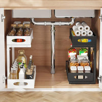Organisateur sous évier Garvee, rangement de cuisine à 2 niveaux avec tiroir coulissant, hauteur réglable, métal, noir