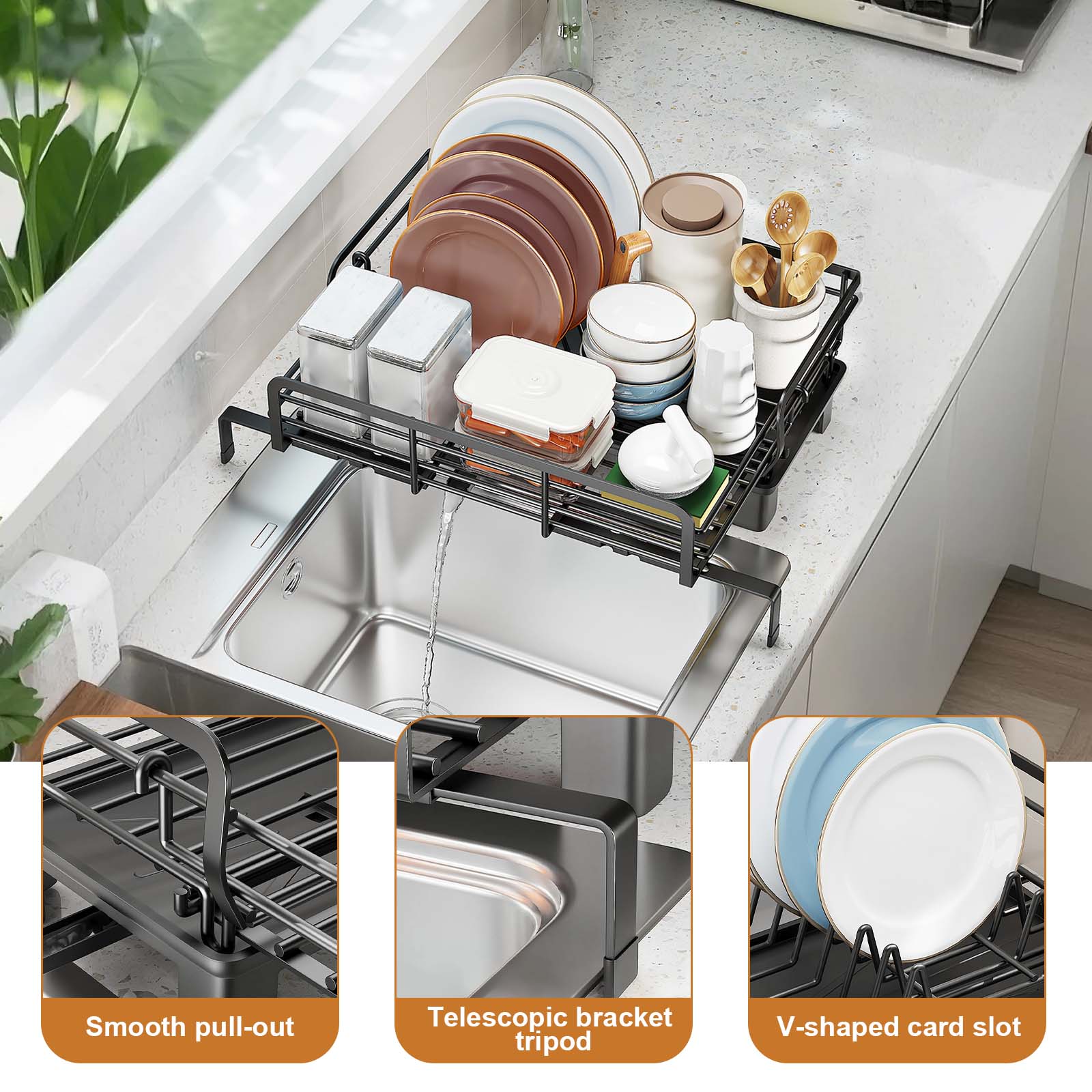 Égouttoir à vaisselle Garvee en acier inoxydable réglable de 42 à 50 cm (16,5 à 19,7 pouces), noir, idéal pour les appartements et les camping-cars, gain de place.