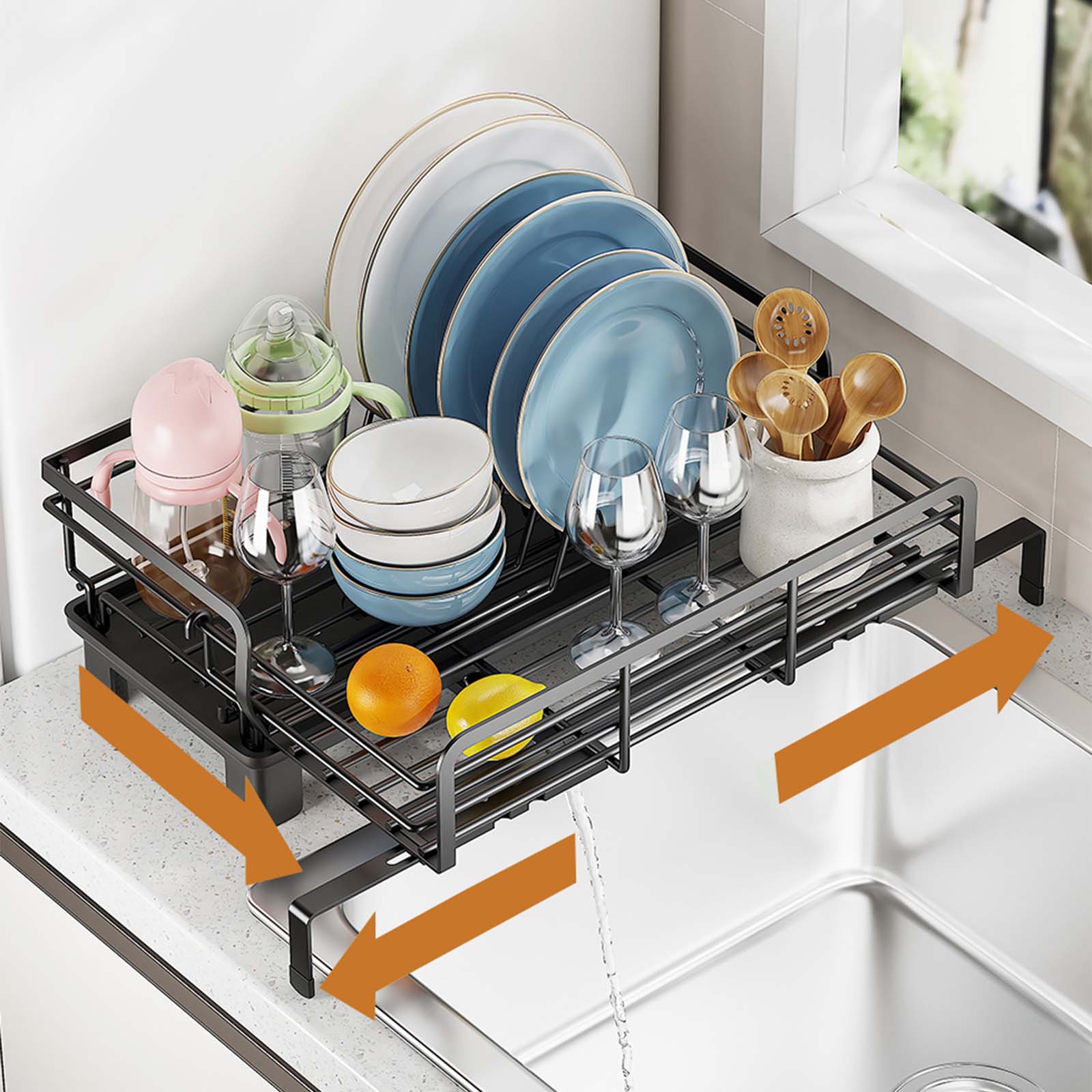 Égouttoir à vaisselle Garvee en acier inoxydable réglable de 42 à 50 cm (16,5 à 19,7 pouces), noir, idéal pour les appartements et les camping-cars, gain de place.