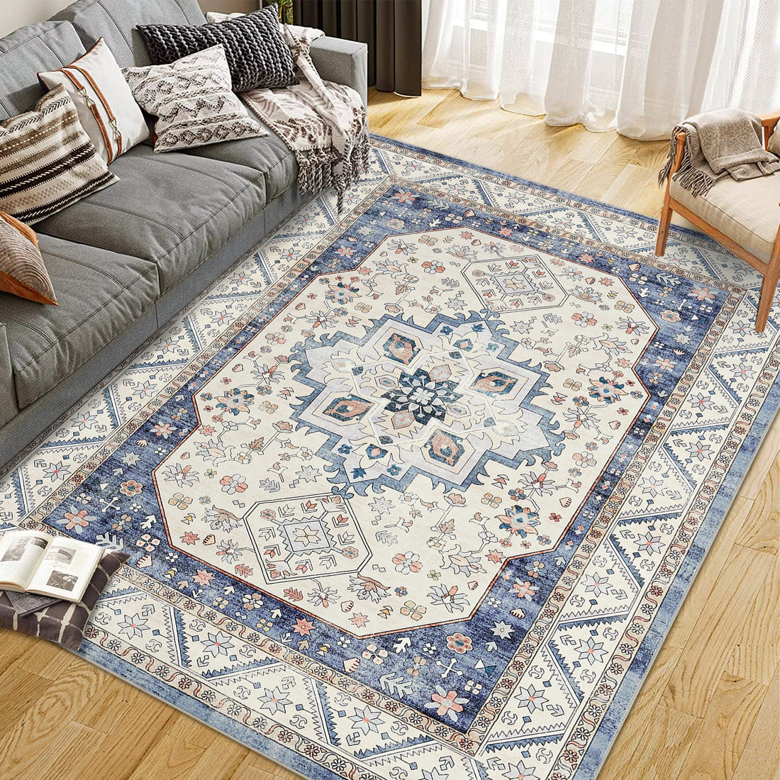 Tapis Garvee Vintage Boho 80x150cm – Tapis lavable à poils courts avec envers antidérapant en TPR pour salon, chambre et bureau