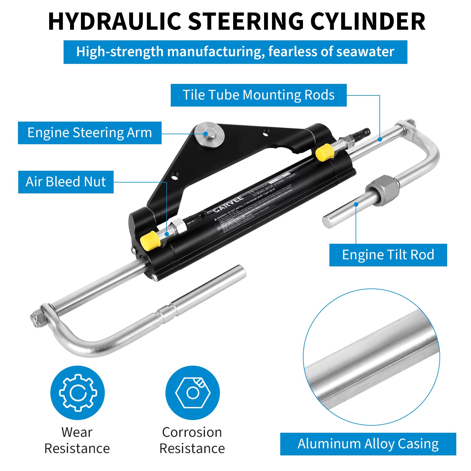 Kit de direction hydraulique Garvee pour moteur hors-bord 150 CV avec vérins de verrouillage bidirectionnels, flexible en nylon de 8 m, volant de 34 cm, siège monoplace, moteur monoplace, direction de bateau
