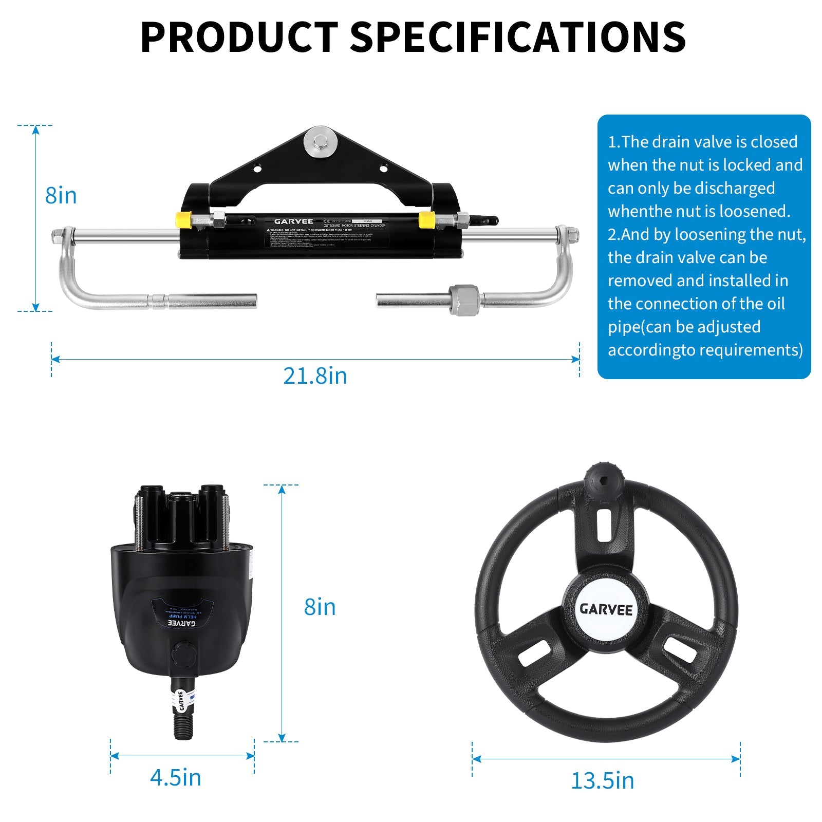 Kit de direction hydraulique Garvee pour moteur hors-bord 150 CV avec vérins de verrouillage bidirectionnels, flexible en nylon de 8 m, volant de 34 cm, siège monoplace, moteur monoplace, direction de bateau