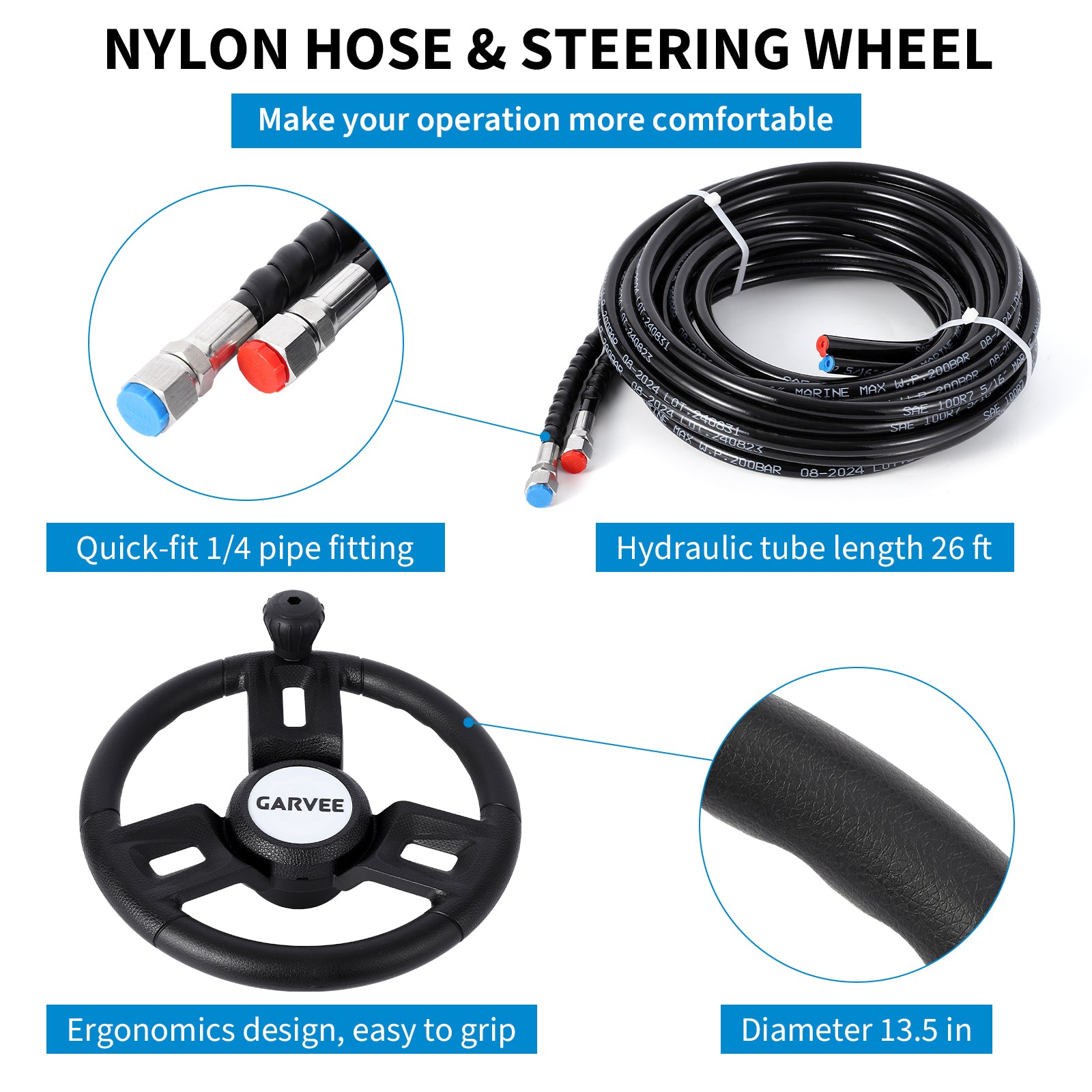 Kit de direction hydraulique Garvee pour moteur hors-bord 150 CV avec vérins de verrouillage bidirectionnels, flexible en nylon de 8 m, volant de 34 cm, siège monoplace, moteur monoplace, direction de bateau