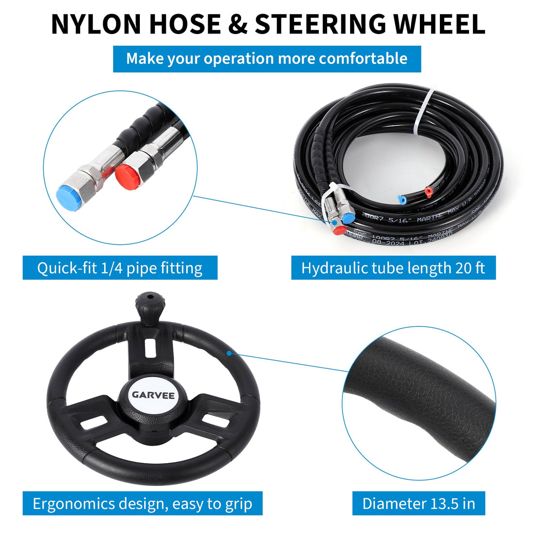 Garvee Kit de direction hydraulique pour moteur hors-bord jusqu’à 300 ch, cylindre bidirectionnel et double flexible nylon de 6 m
