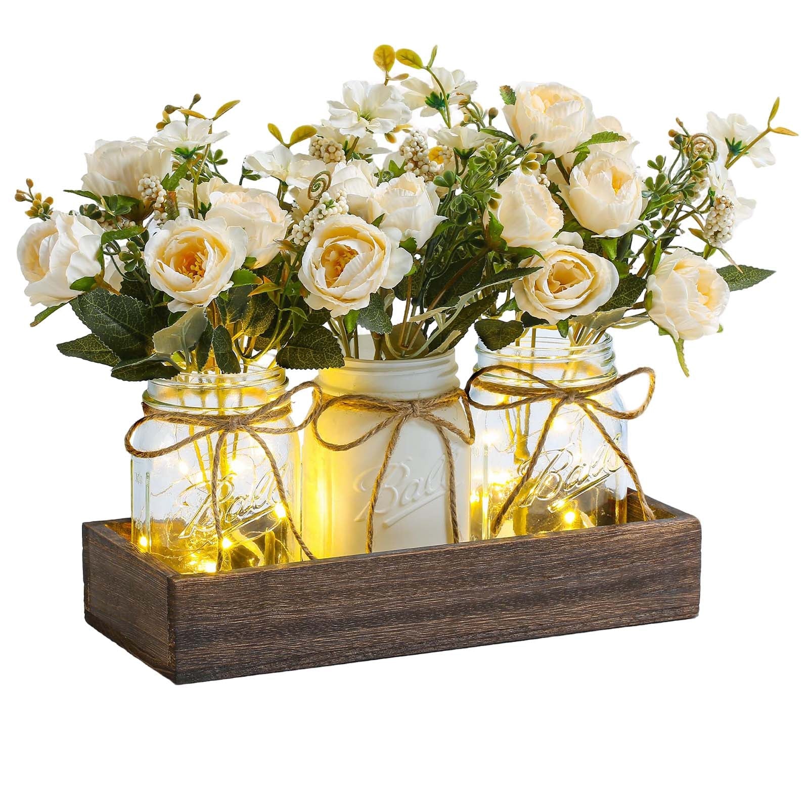 Ensemble de 3 bocaux Mason Garvee avec fleurs bleues artificielles, plateau en bois rustique et minuterie lumineuse pour salon et cuisine, 34,3 x 10,9 x 10,9 cm, écologique