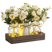 Ensemble de 3 bocaux Mason Garvee avec fleurs bleues artificielles, plateau en bois rustique et minuterie lumineuse pour salon et cuisine, 34,3 x 10,9 x 10,9 cm, écologique