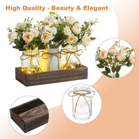 Ensemble de 3 bocaux Mason Garvee avec fleurs bleues artificielles, plateau en bois rustique et minuterie lumineuse pour salon et cuisine, 34,3 x 10,9 x 10,9 cm, écologique