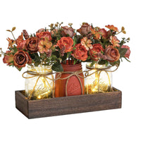 Ensemble de 3 bocaux Mason Garvee avec fleurs bleues artificielles, plateau en bois rustique et minuterie lumineuse pour salon et cuisine, 34,3 x 10,9 x 10,9 cm, écologique