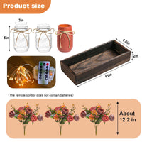 Ensemble de 3 bocaux Mason Garvee avec fleurs bleues artificielles, plateau en bois rustique et minuterie lumineuse pour salon et cuisine, 34,3 x 10,9 x 10,9 cm, écologique
