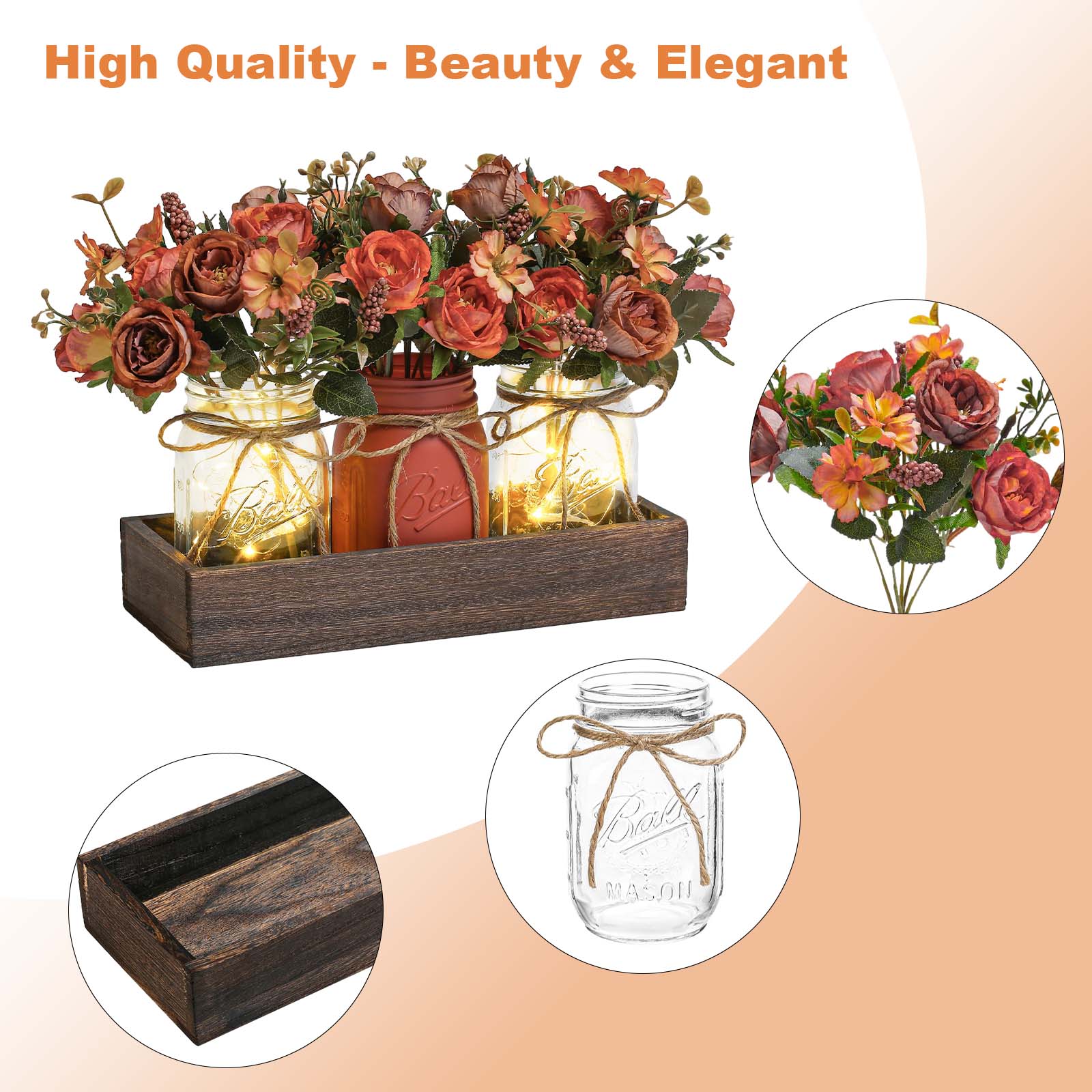 Ensemble de 3 bocaux Mason Garvee avec fleurs bleues artificielles, plateau en bois rustique et minuterie lumineuse pour salon et cuisine, 34,3 x 10,9 x 10,9 cm, écologique