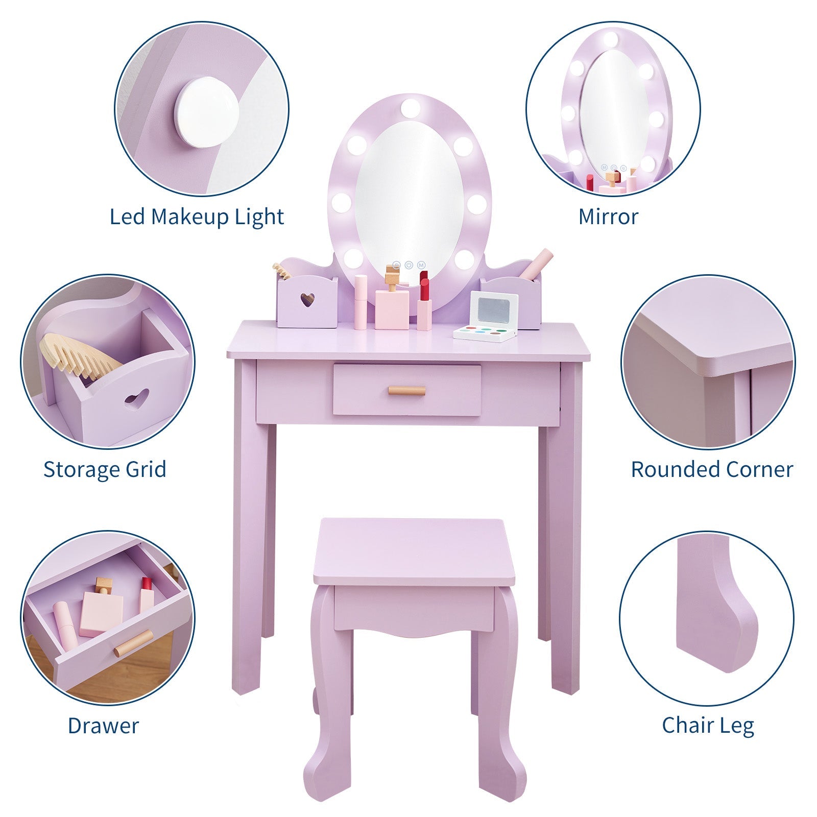 Ensemble coiffeuse pour enfants Garvee avec miroir lumineux, table de maquillage en bois, violet, tabouret inclus, pour salle de jeux, 94 x 61 x 30 cm