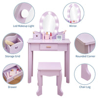 Ensemble coiffeuse pour enfants Garvee avec miroir lumineux, table de maquillage en bois, violet, tabouret inclus, pour salle de jeux, 94 x 61 x 30 cm