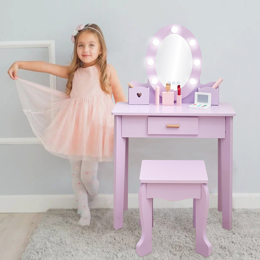Ensemble coiffeuse pour enfants Garvee avec miroir lumineux, table de maquillage en bois, violet, tabouret inclus, pour salle de jeux, 94 x 61 x 30 cm