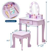 Ensemble coiffeuse pour enfants Garvee avec miroir lumineux, table de maquillage en bois, violet, tabouret inclus, pour salle de jeux, 94 x 61 x 30 cm
