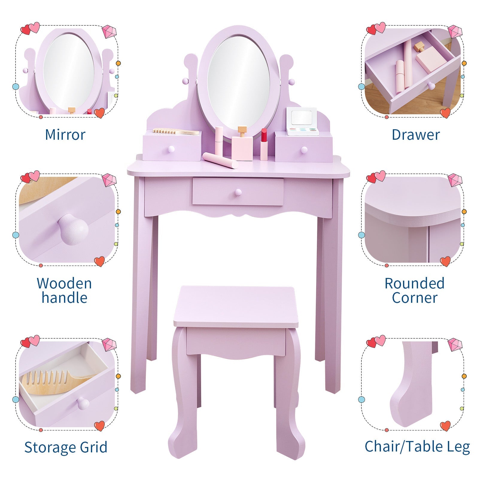 Ensemble coiffeuse Garvee pour enfants avec miroir réglable, en MDF robuste, violet, pour filles de 3 à 8 ans, salle de jeux