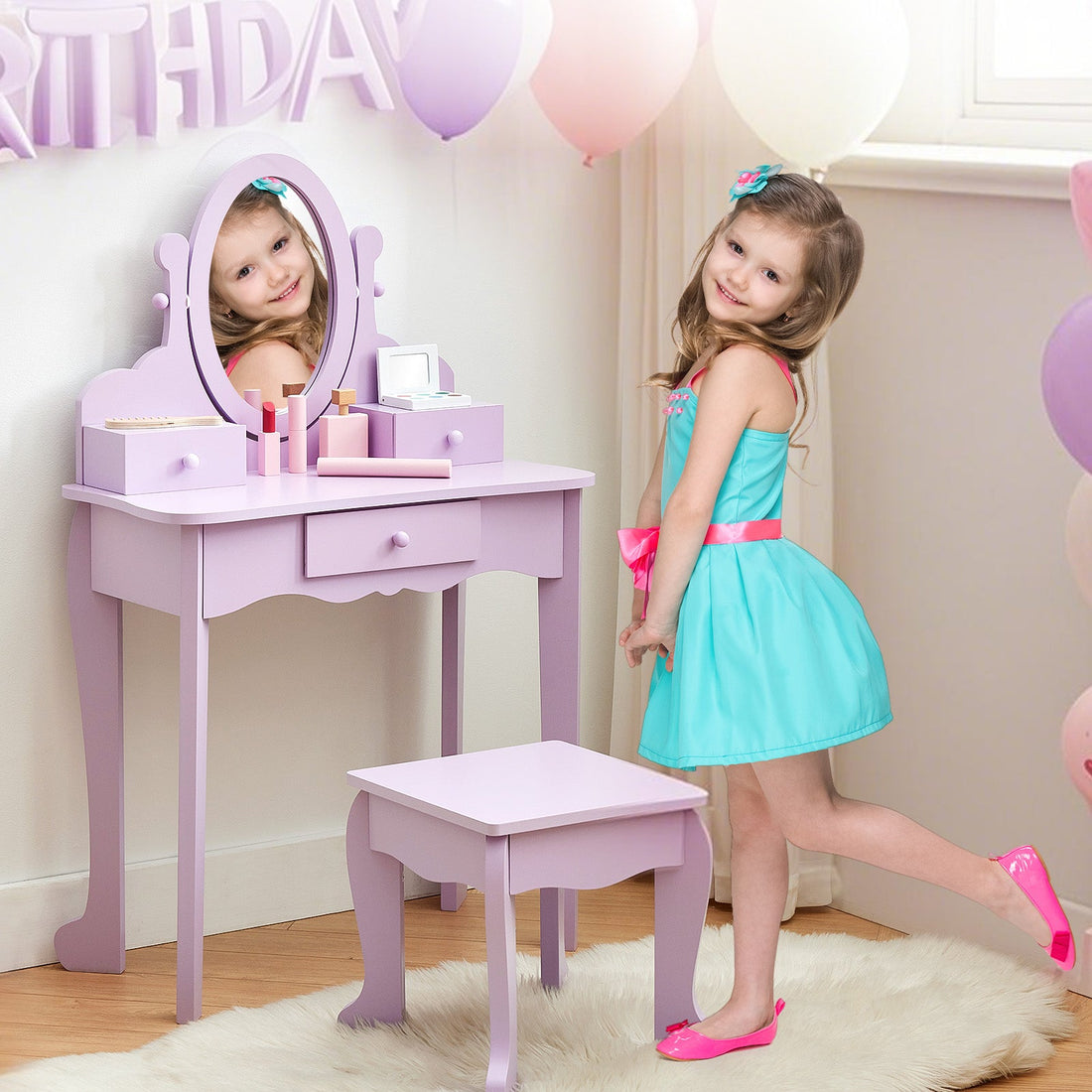 Ensemble coiffeuse Garvee pour enfants avec miroir réglable, en MDF robuste, violet, pour filles de 3 à 8 ans, salle de jeux