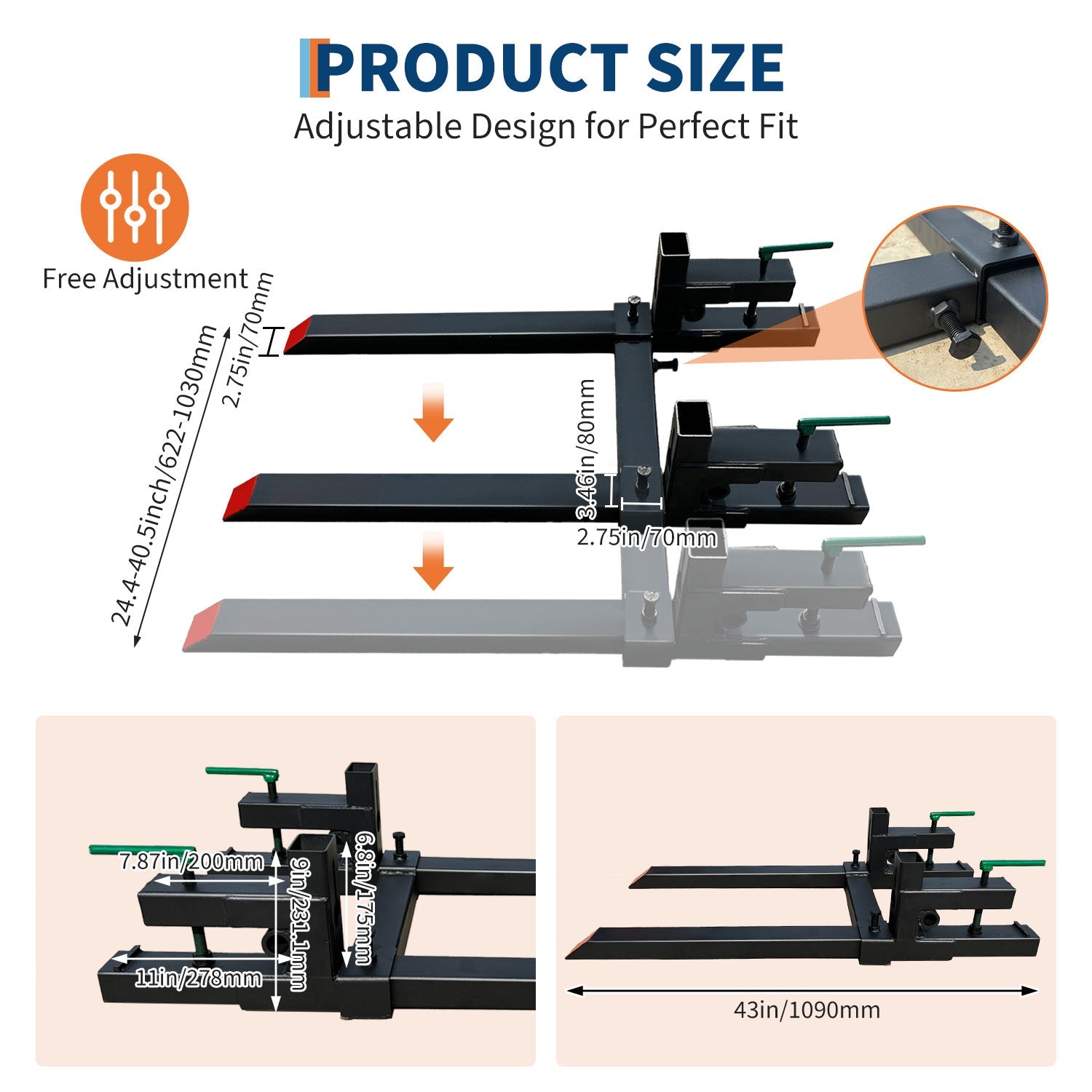 Fourches à Palettes 43" Garvee 2000 lb (907 kg) – Acier Robuste, Barre Stabilisation Réglable, Attache Rapide pour Tracteur & Skid-Steer