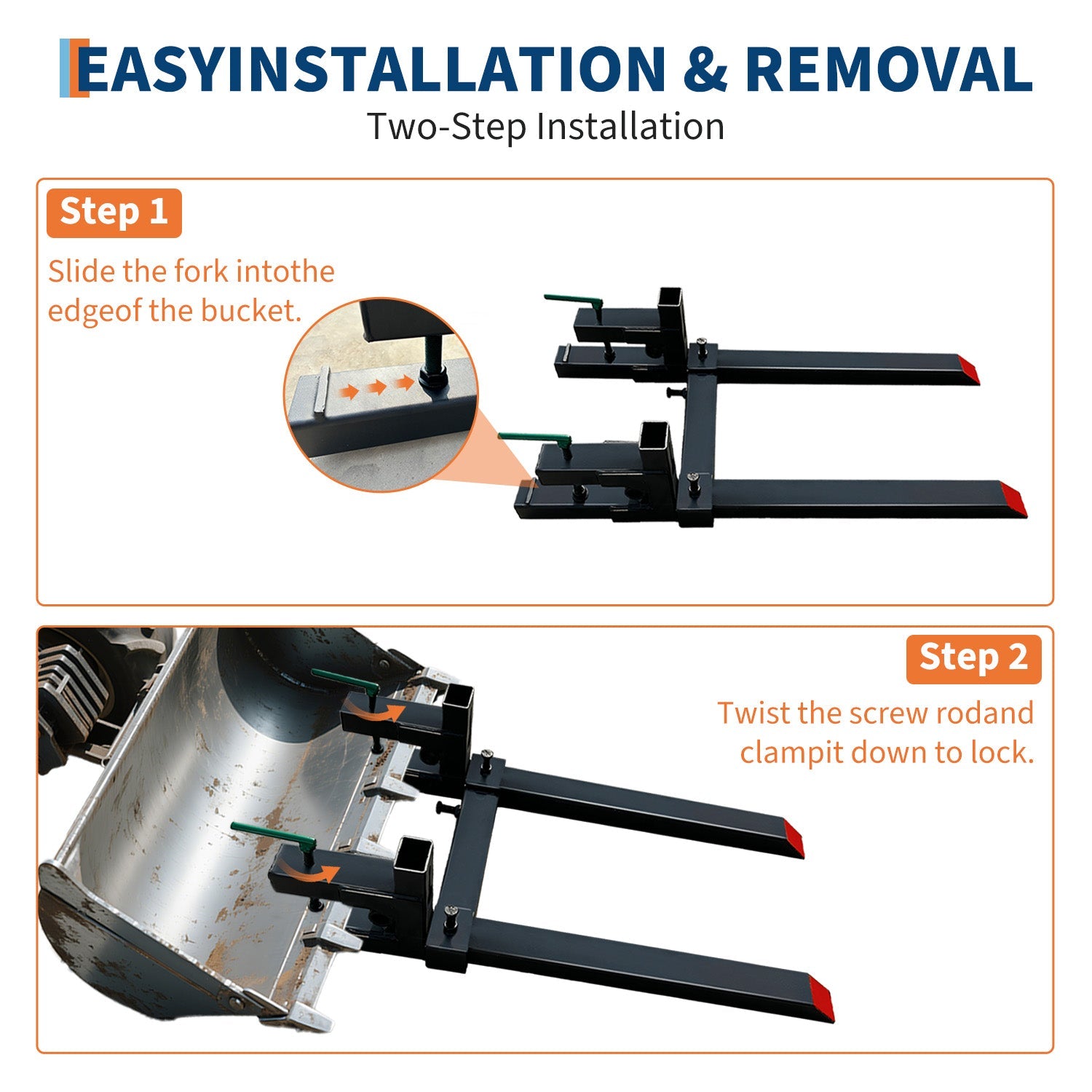 Fourches à Palettes 43" Garvee 2000 lb (907 kg) – Acier Robuste, Barre Stabilisation Réglable, Attache Rapide pour Tracteur & Skid-Steer