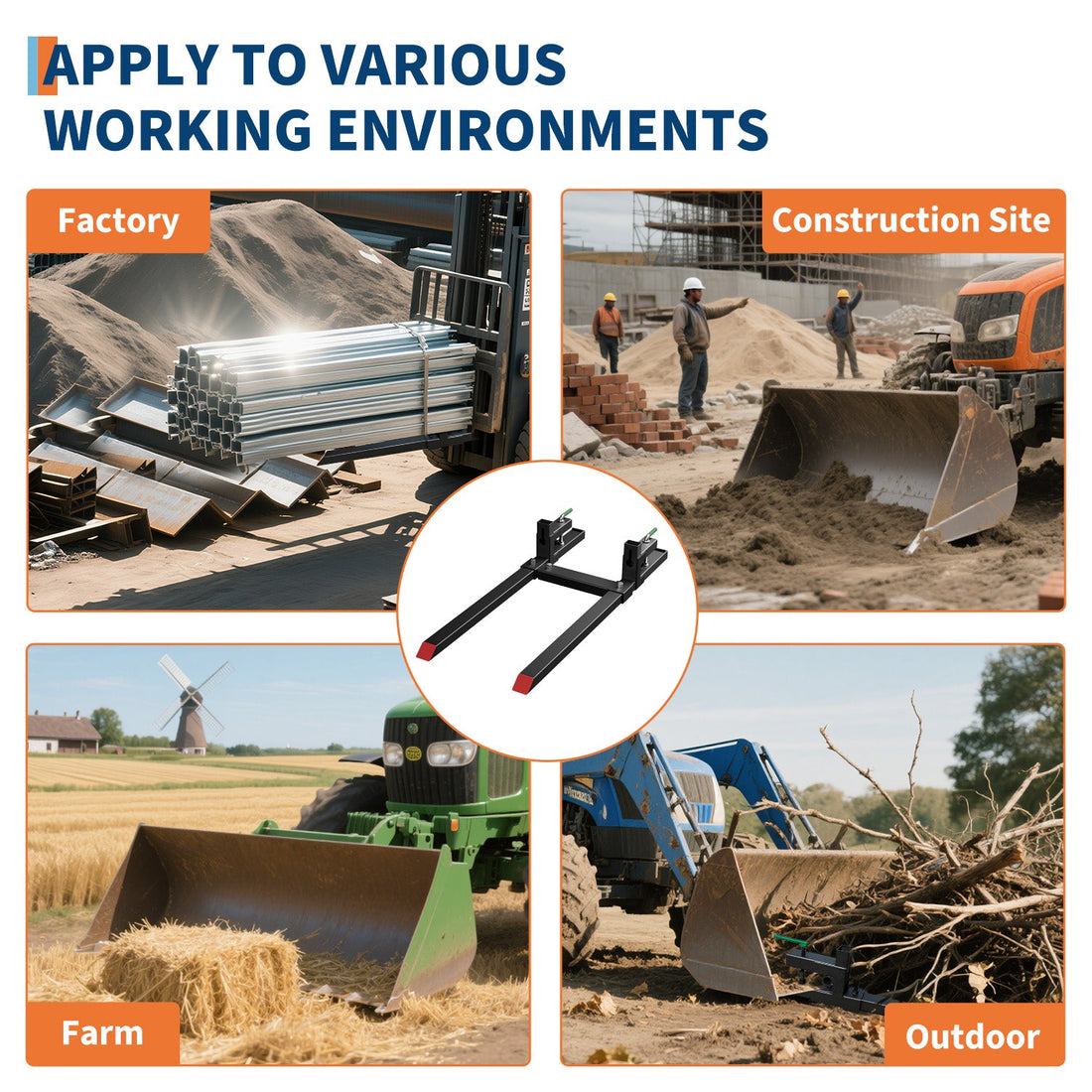 Garvee Fourches à Palettes 109 cm, Capacité 907 kg, Acier Robuste avec Barre de Stabilisation Réglable, Attache Rapide pour Tracteur et Skid-Steer