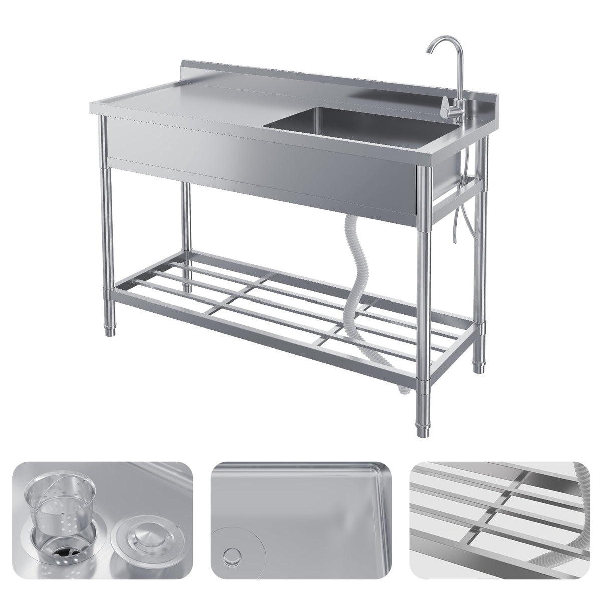 Garvee Évier sur Pieds 1 Bac en Inox 304, L. 119 × P. 51 × H. 94 cm, avec Robinet Pivotant et Pieds Réglables, pour Cuisine, Buanderie et Usage Professionnel