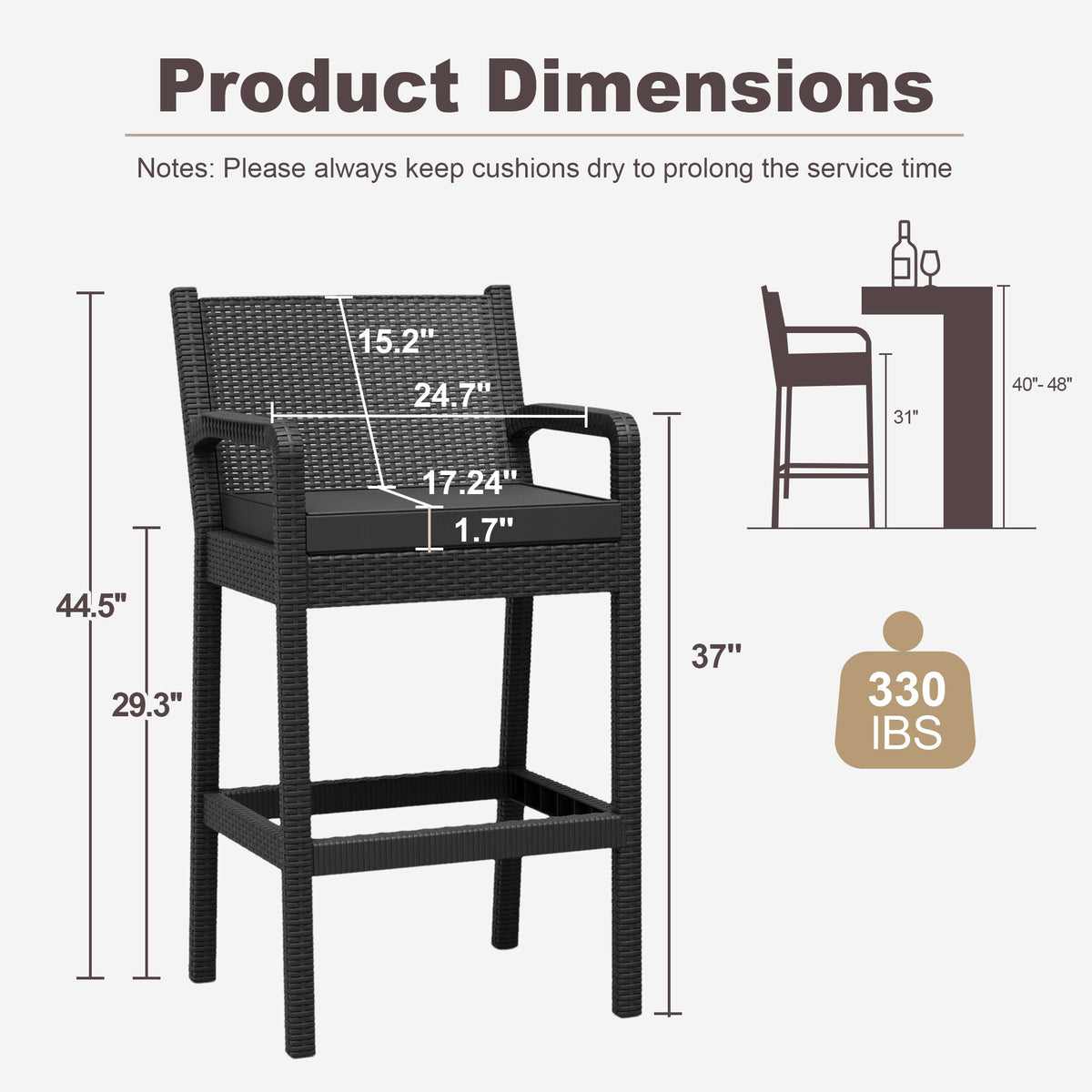 Garvee Ensemble de 2 tabourets de bar d'extérieur avec accoudoirs, en rotin PP tous temps, structure en métal thermolaqué, pour balcon et jardin, noir