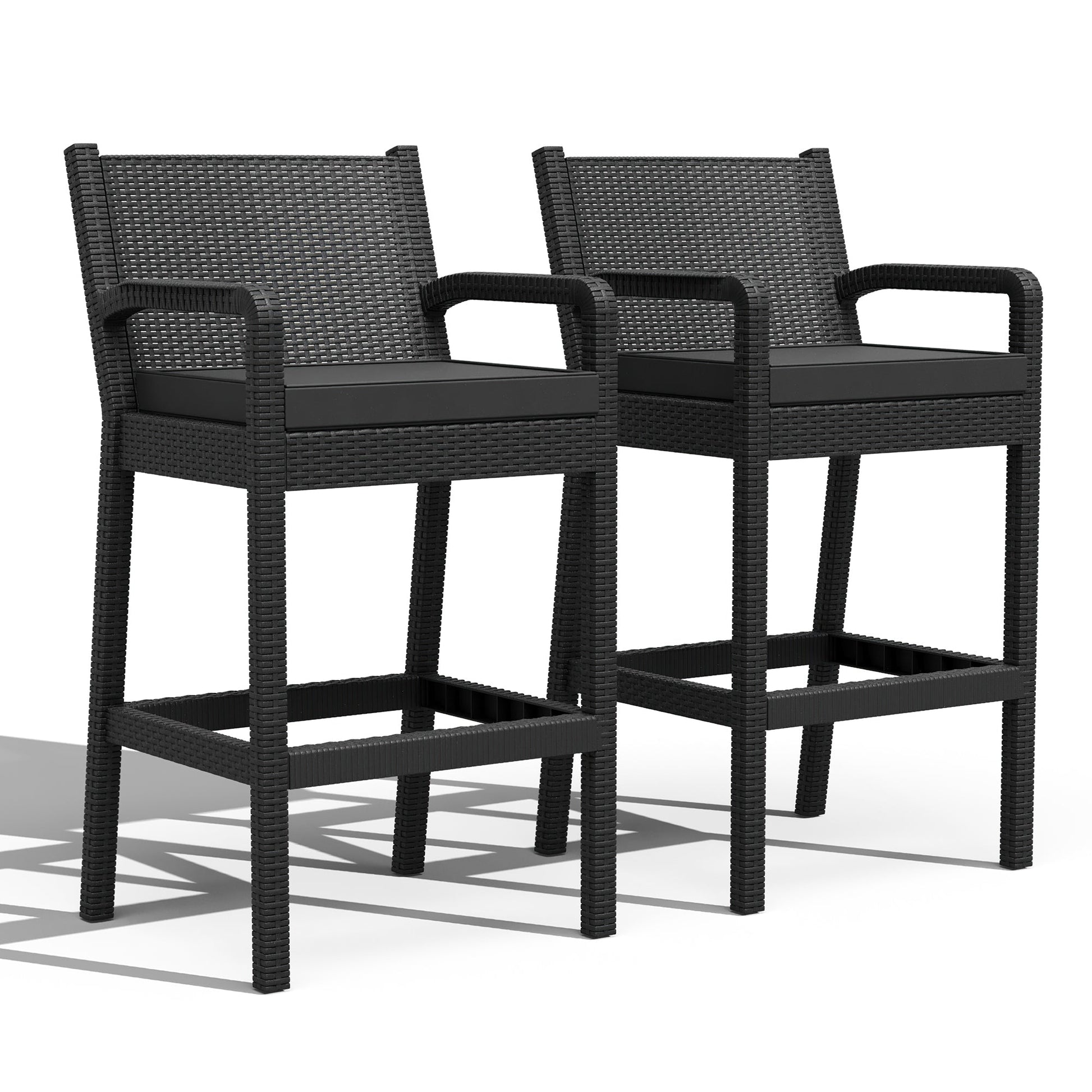 Garvee Ensemble de 2 tabourets de bar d'extérieur avec accoudoirs, en rotin PP tous temps, structure en métal thermolaqué, pour balcon et jardin, noir