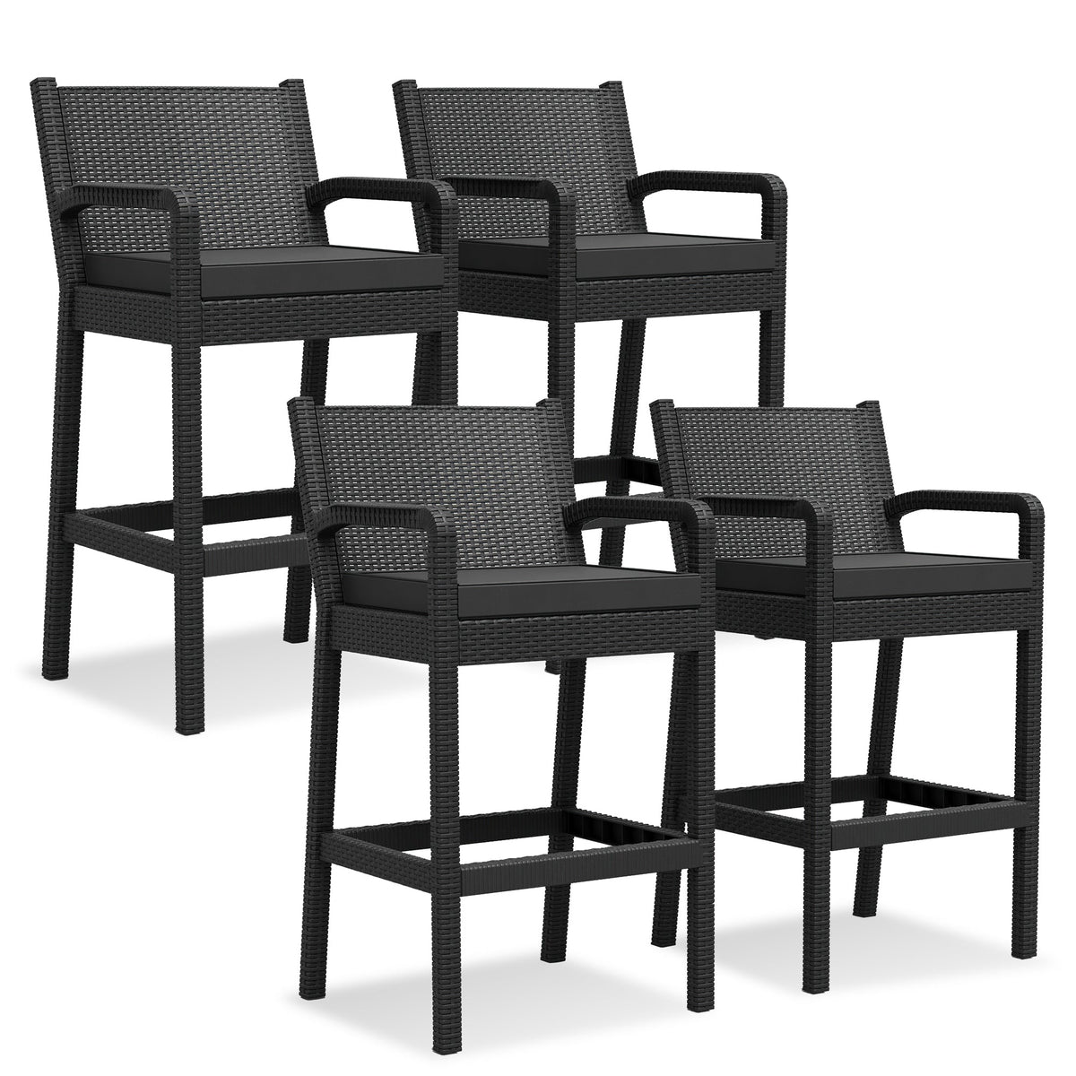 Garvee Ensemble de 2 tabourets de bar d'extérieur avec accoudoirs, en rotin PP tous temps, structure en métal thermolaqué, pour balcon et jardin, noir
