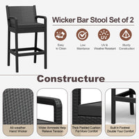 Garvee Ensemble de 2 tabourets de bar d'extérieur avec accoudoirs, en rotin PP tous temps, structure en métal thermolaqué, pour balcon et jardin, noir