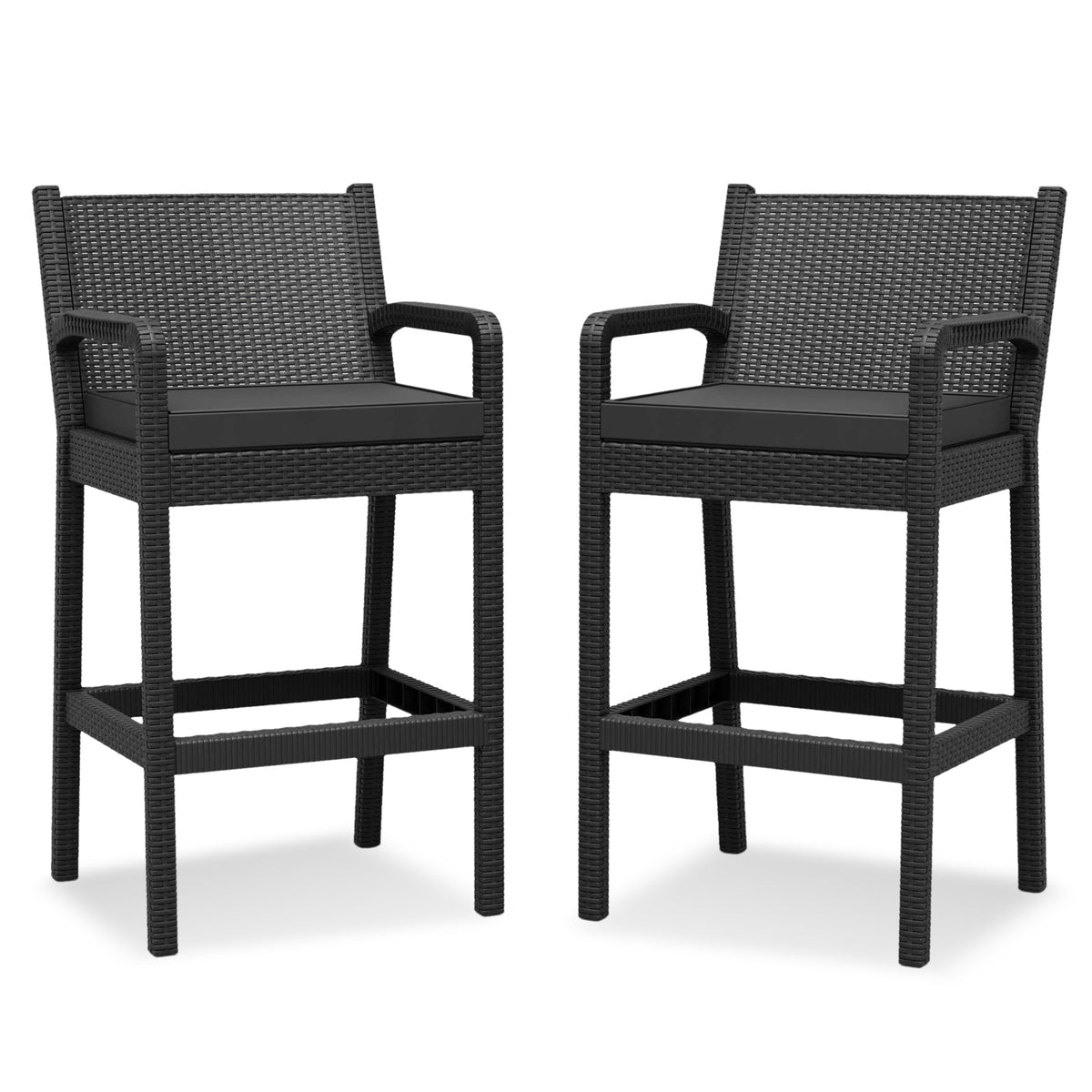 Garvee Ensemble de 2 tabourets de bar d'extérieur avec accoudoirs, en rotin PP tous temps, structure en métal thermolaqué, pour balcon et jardin, noir