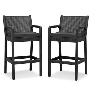 Garvee Ensemble de 2 tabourets de bar d'extérieur avec accoudoirs, en rotin PP tous temps, structure en métal thermolaqué, pour balcon et jardin, noir