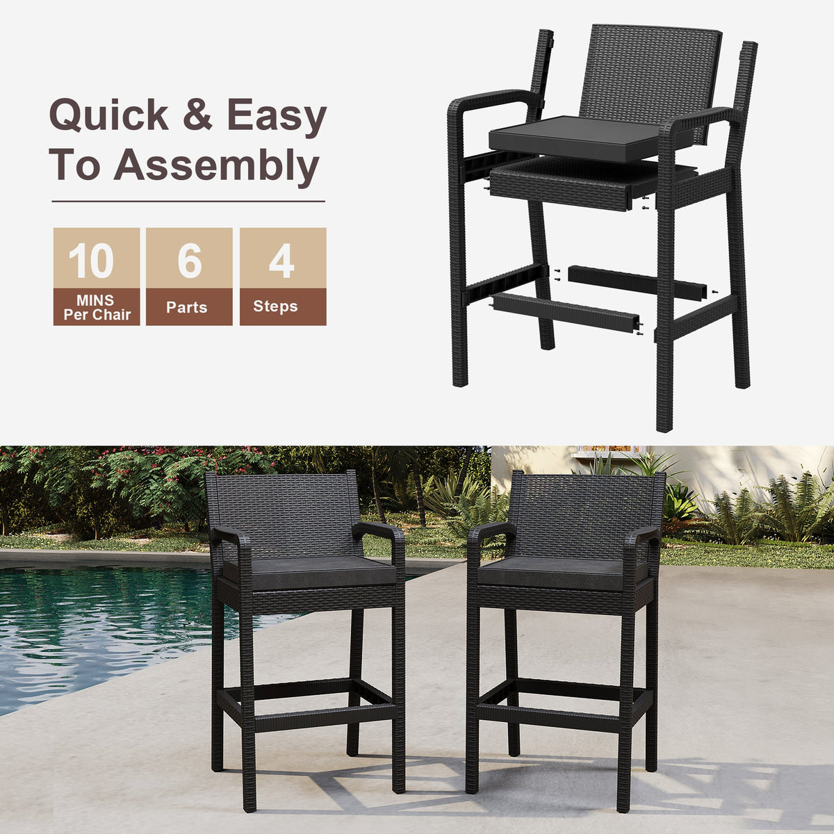 Garvee Ensemble de 2 tabourets de bar d'extérieur avec accoudoirs, en rotin PP tous temps, structure en métal thermolaqué, pour balcon et jardin, noir