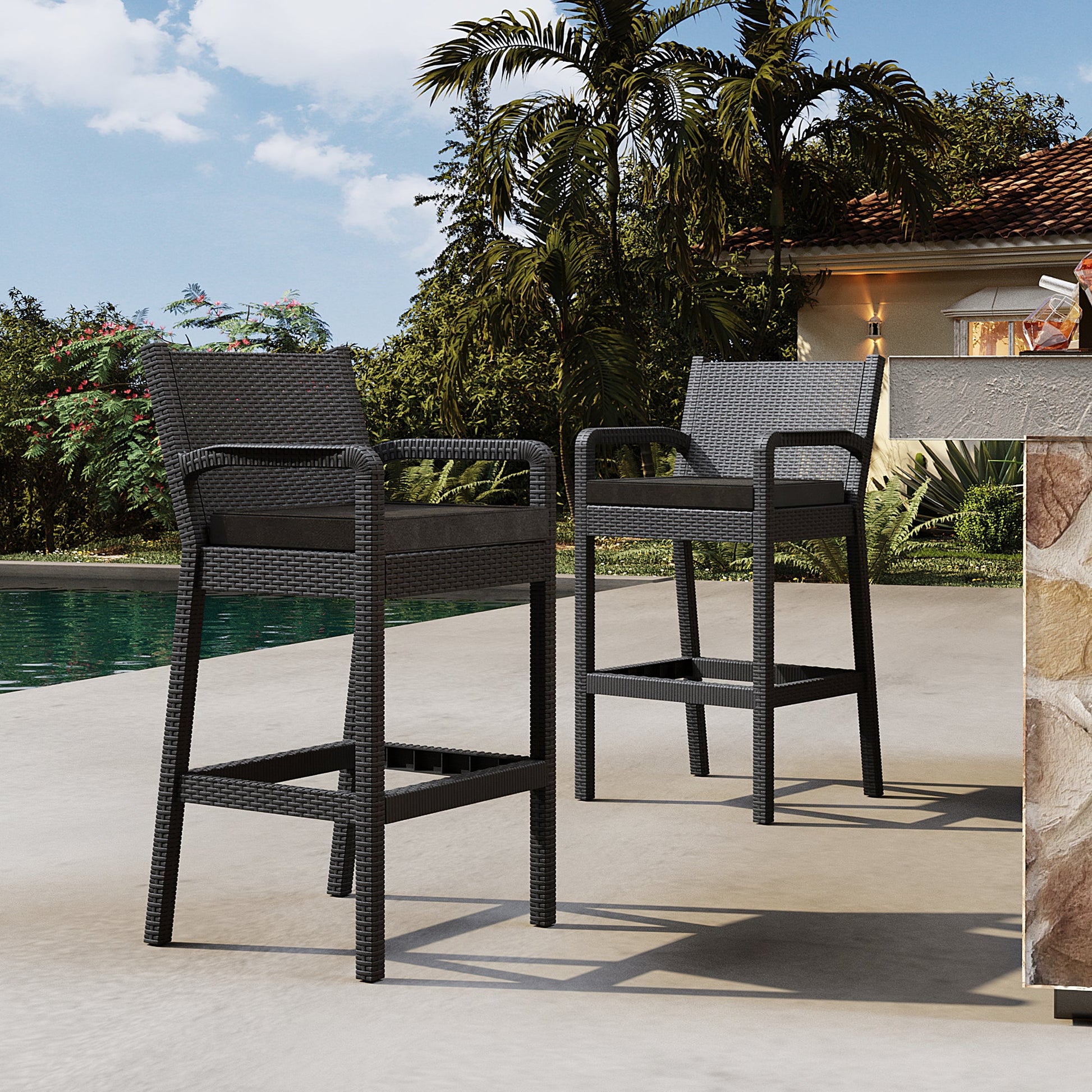 Garvee Ensemble de 2 tabourets de bar d'extérieur avec accoudoirs, en rotin PP tous temps, structure en métal thermolaqué, pour balcon et jardin, noir