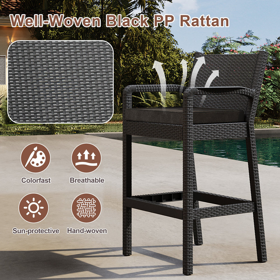 Garvee Ensemble de 2 tabourets de bar d'extérieur avec accoudoirs, en rotin PP tous temps, structure en métal thermolaqué, pour balcon et jardin, noir
