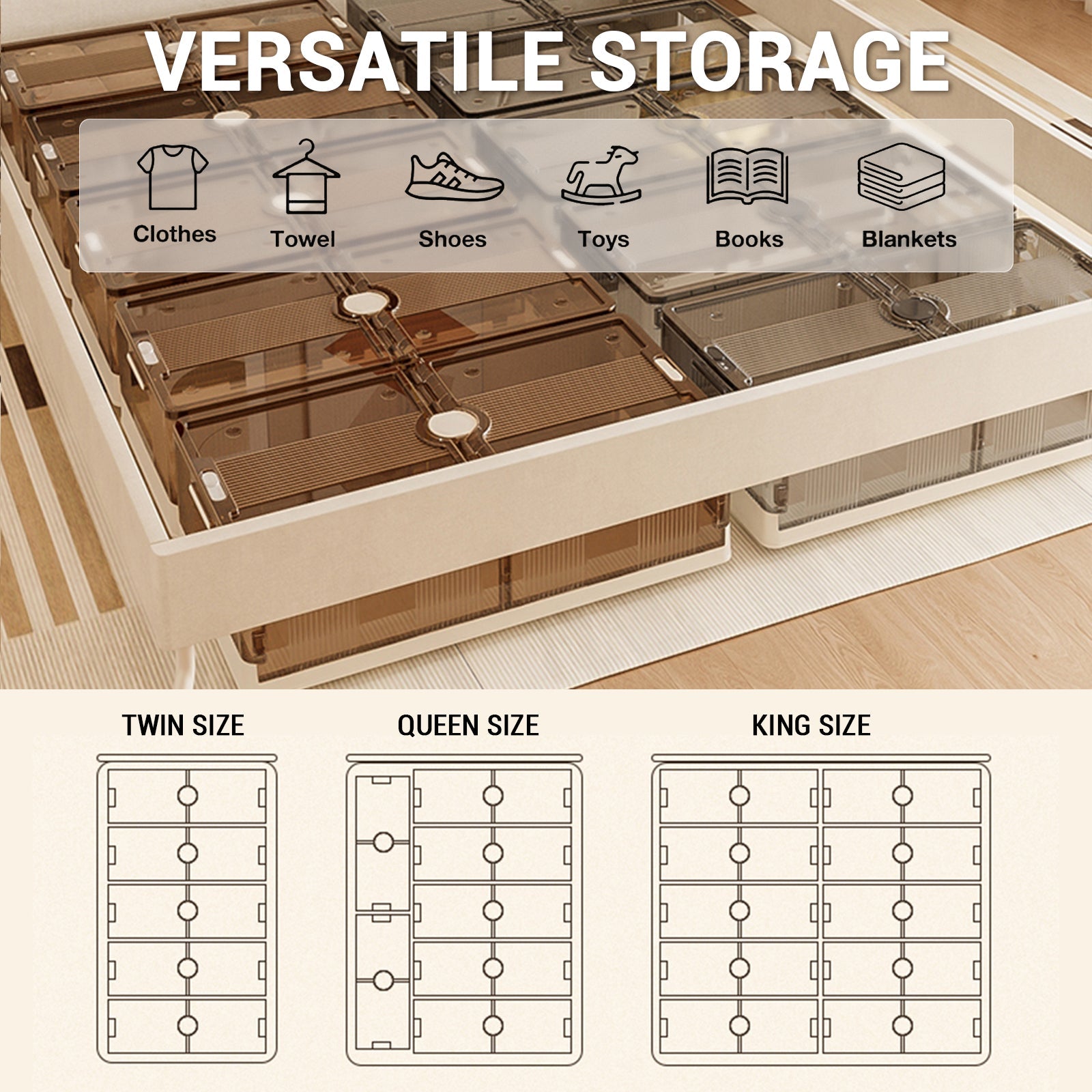 Garvee Boîtes de rangement sous lit en plastique transparent avec roulettes, pliables, grand espace de rangement pour chambres et petits espaces