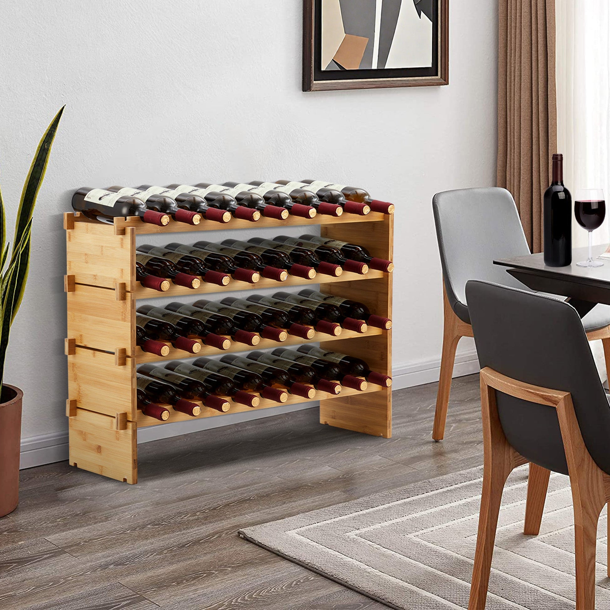 Casier à vin empilable Garvee 36 bouteilles en bois massif naturel à 4 niveaux, idéal pour la cuisine et le bar.