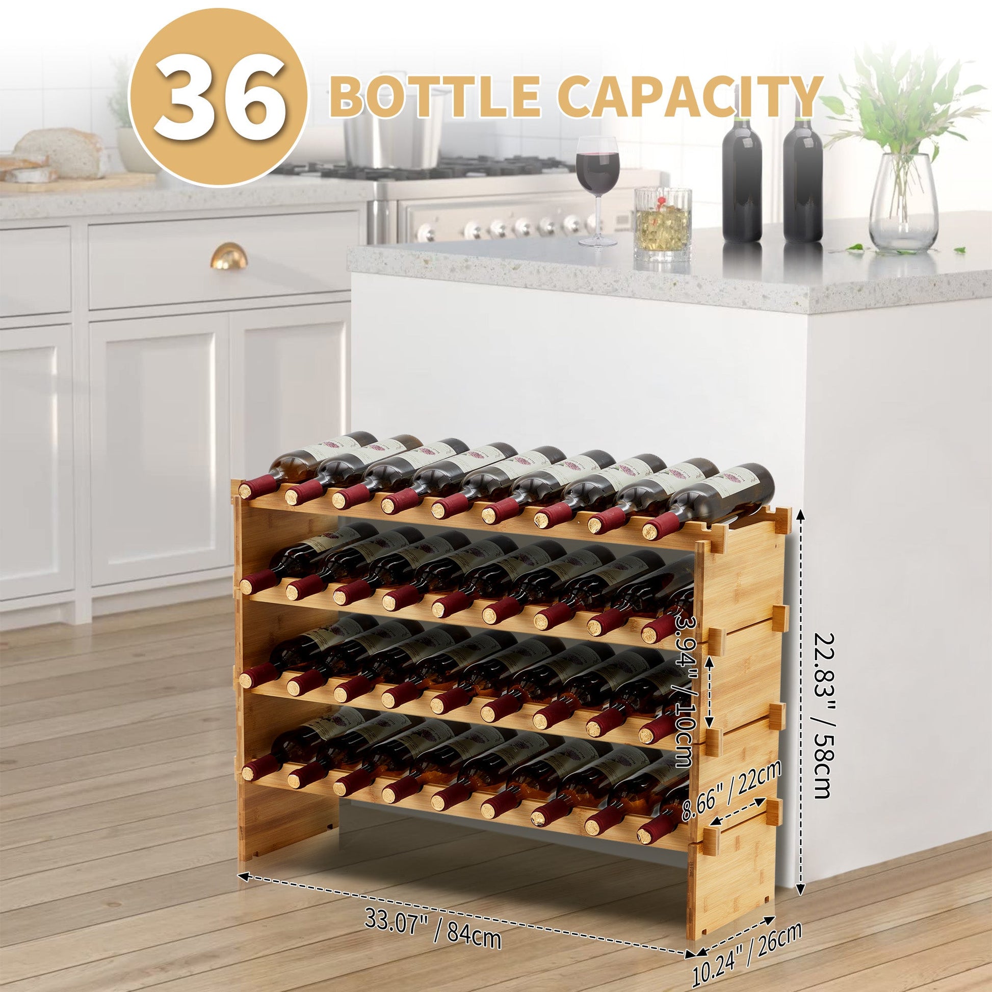 Casier à vin empilable Garvee 36 bouteilles en bois massif naturel à 4 niveaux, idéal pour la cuisine et le bar.
