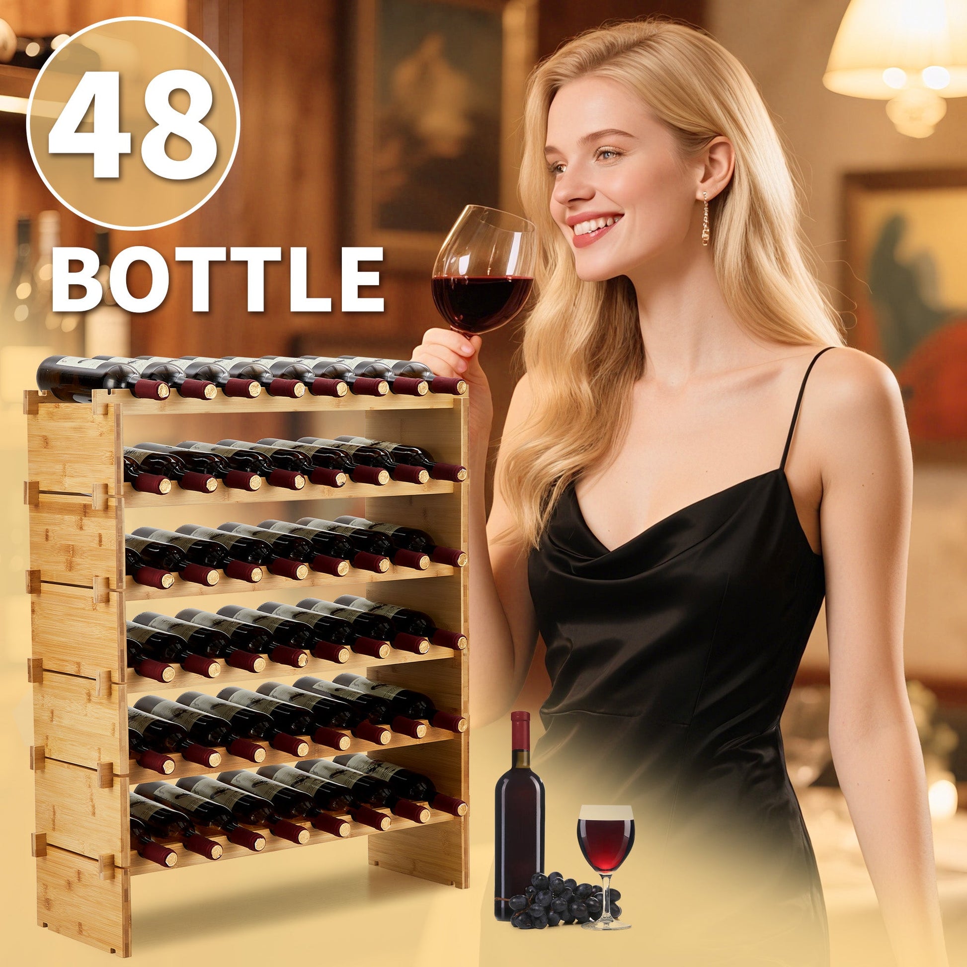 Casier à vin empilable Garvee 48 bouteilles en bois massif naturel à 6 niveaux, idéal pour la cuisine et le bar.