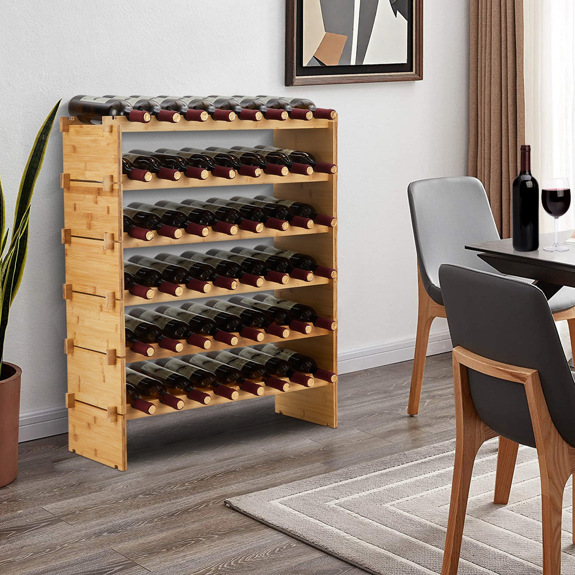 Casier à vin empilable Garvee 48 bouteilles en bois massif naturel à 6 niveaux, idéal pour la cuisine et le bar.