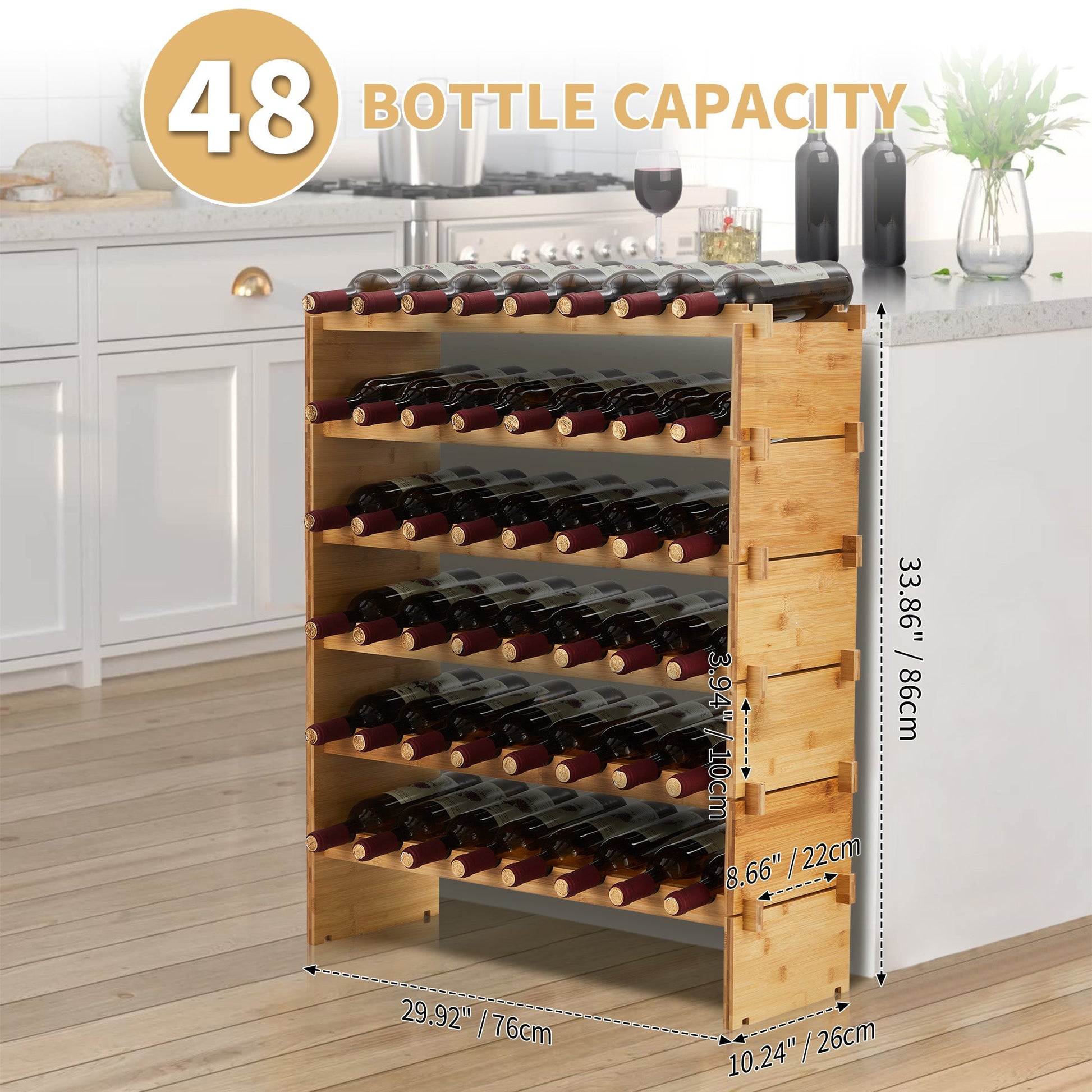 Casier à vin empilable Garvee 48 bouteilles en bois massif naturel à 6 niveaux, idéal pour la cuisine et le bar.