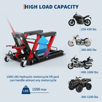Pont élévateur hydraulique Garvee pour motos, capacité de levage de 680 kg (1500 lb), verrouillage de sécurité à 3 points, pour ateliers de réparation de VTT et UTV, en acier, sur roues, portable.