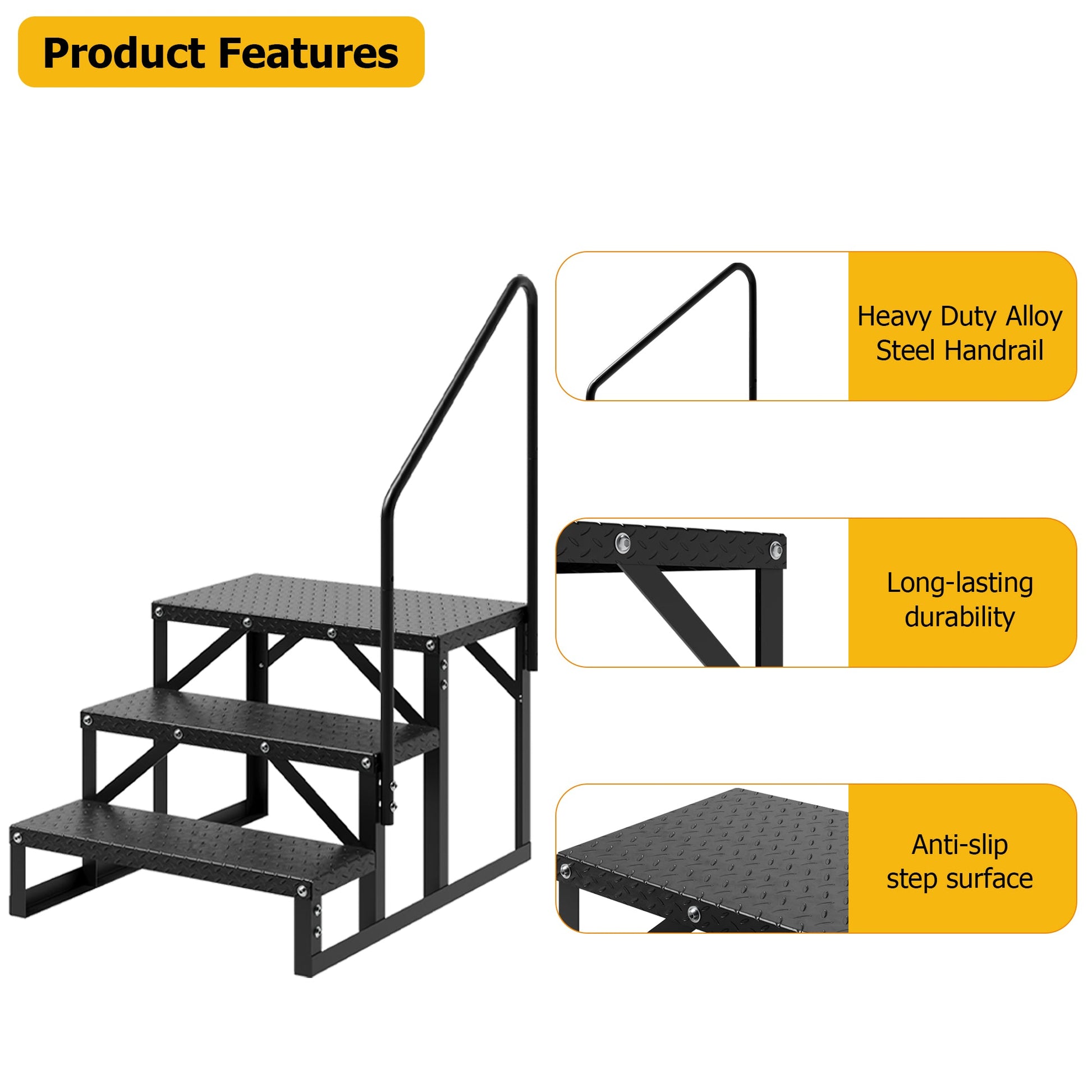 Garvee Marchepieds 3 marches avec rampe, aluminium, portable pour camping-car, spa et jardin, noir