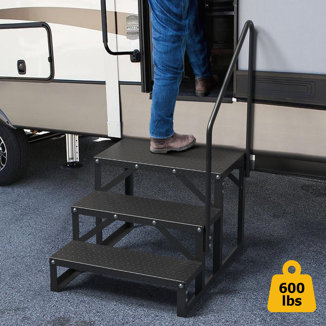 Marchepieds Garvee à 3 marches avec rampe, en alliage d'aluminium, pour camping-cars et spas, robustes et portables, noirs.