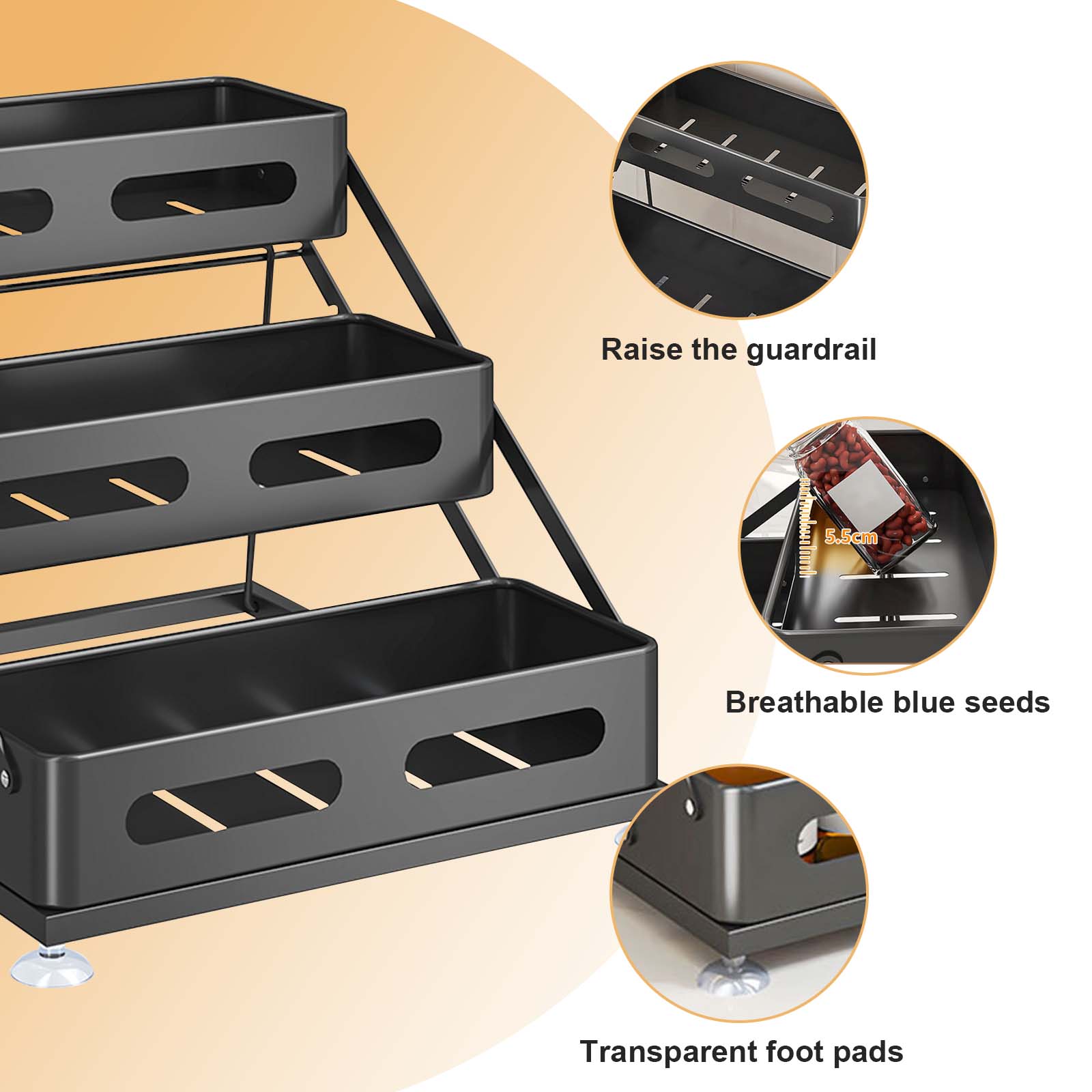 Étagère à épices Garvee à 3 niveaux en acier au carbone, hauteur réglable de 25,4 à 27,4 cm, noire, pour comptoirs de cuisine