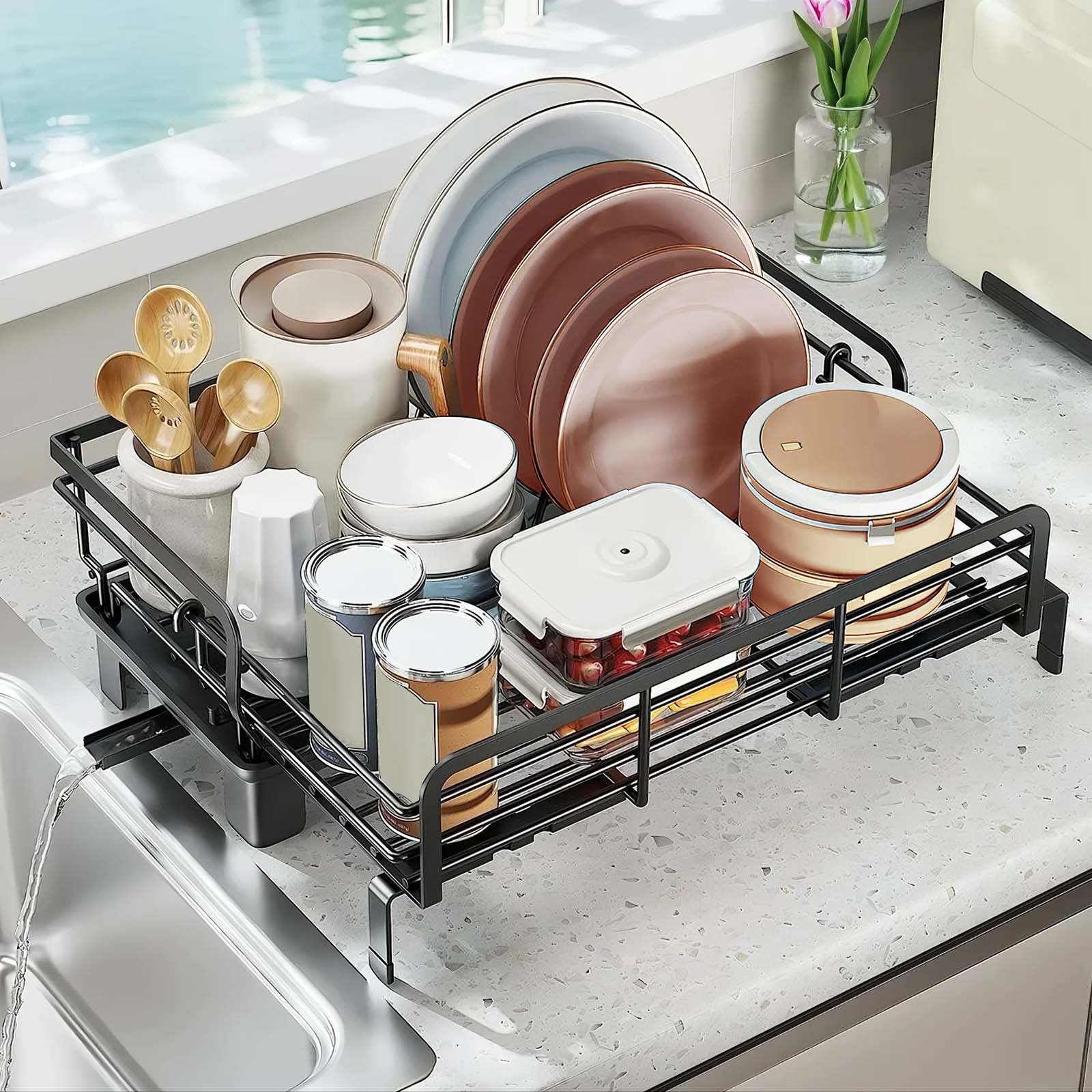 Égouttoir à vaisselle Garvee en acier inoxydable réglable de 42 à 50 cm (16,5 à 19,7 pouces), noir, idéal pour les appartements et les camping-cars, gain de place.