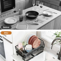 Égouttoir à vaisselle Garvee en acier inoxydable réglable de 42 à 50 cm (16,5 à 19,7 pouces), noir, idéal pour les appartements et les camping-cars, gain de place.