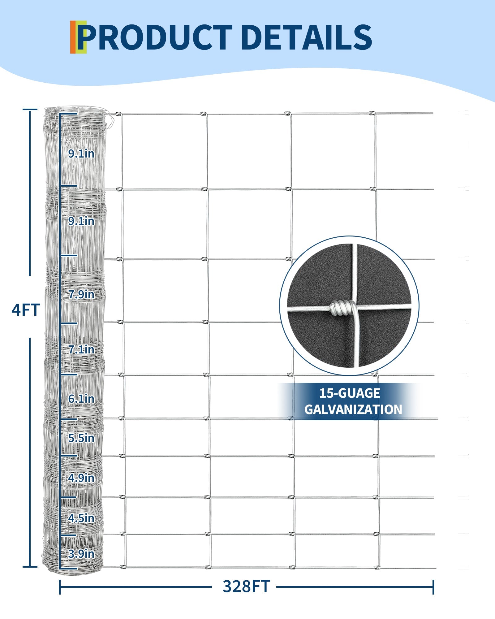 Garvee Clôture de ferme galvanisée 1,2 x 100 m pour chèvres, cerfs et bétail, grillage robuste à forte teneur en zinc pour jardin et enclos (Copy)